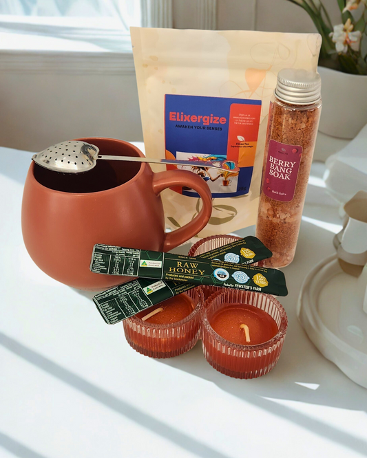 Sip Glow Energize | Gift Pack Elixergize Tea Spa Set with Bath Salts and scented candles