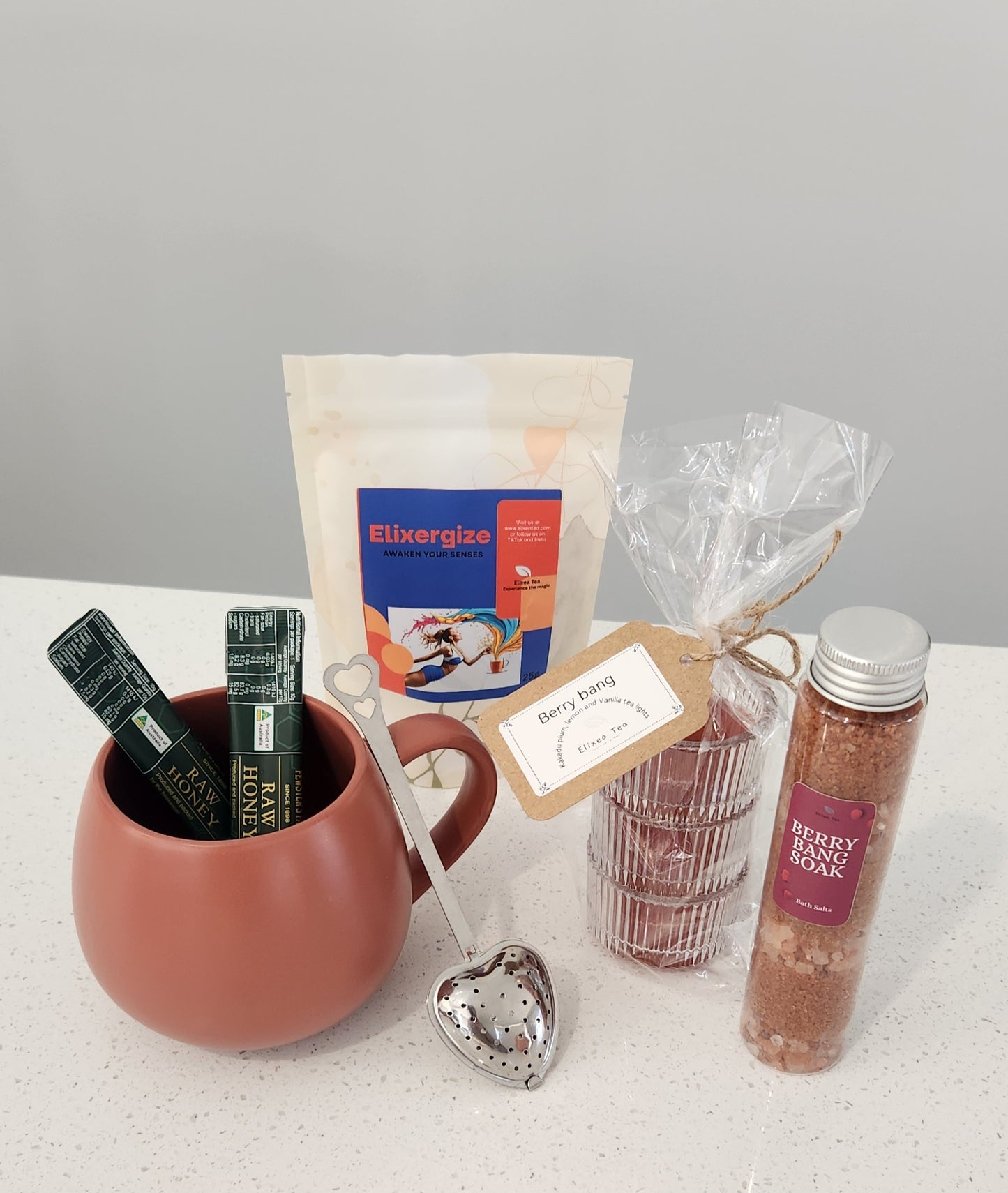 Sip Glow Energize | Gift Pack Elixergize Tea Spa Set with Bath Salts and scented candles