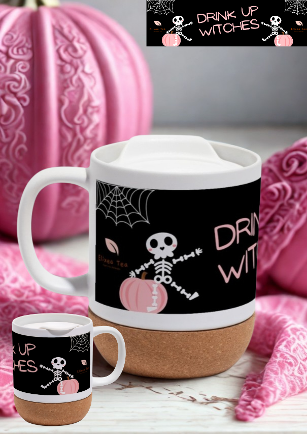 Witches Tea Mug | Halloween Ceramic Cup with Cork Base & Lid