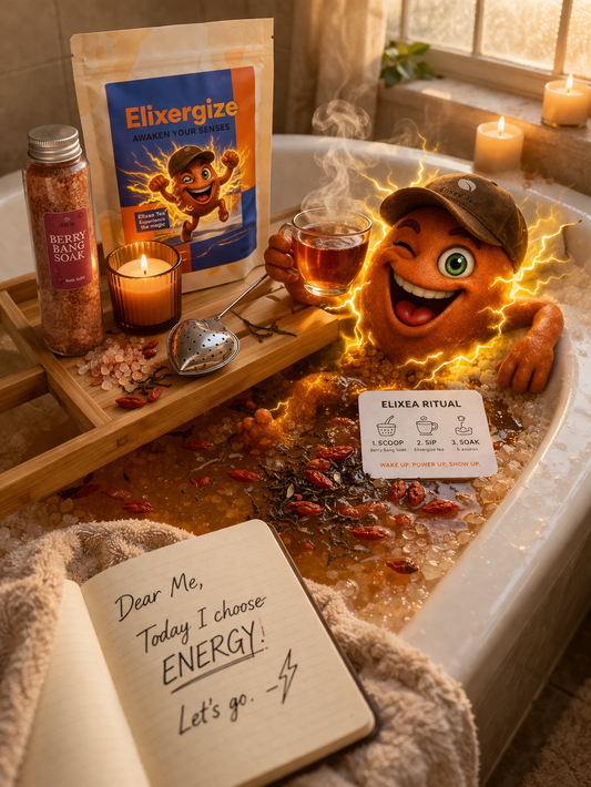 Sip Glow Energize | Gift Pack  Elixergize Tea Spa Set with Bath Salts and scented candles