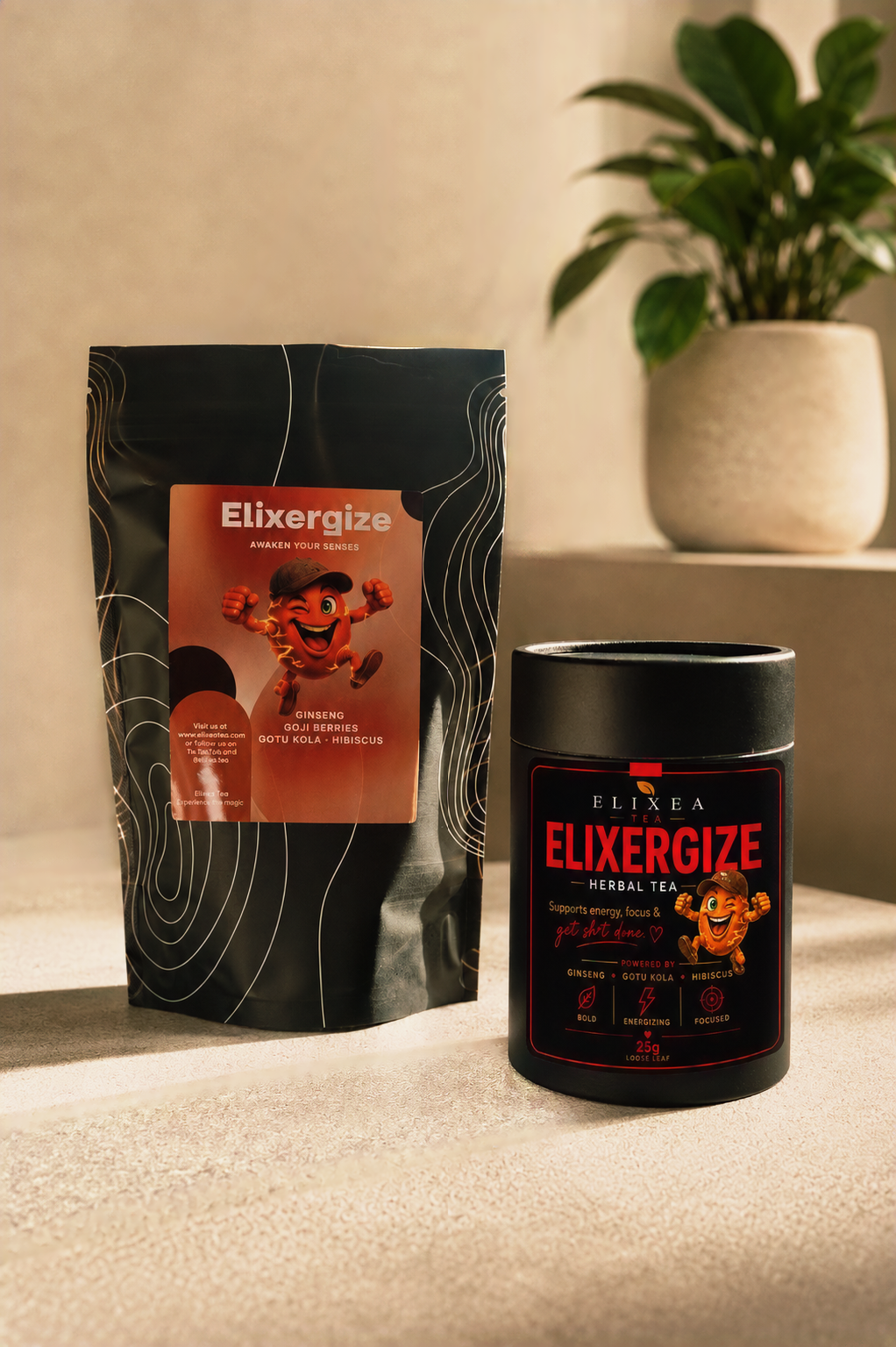 “Elixergize energy tea by , caffeine-free herbal blend with ginseng and berries”