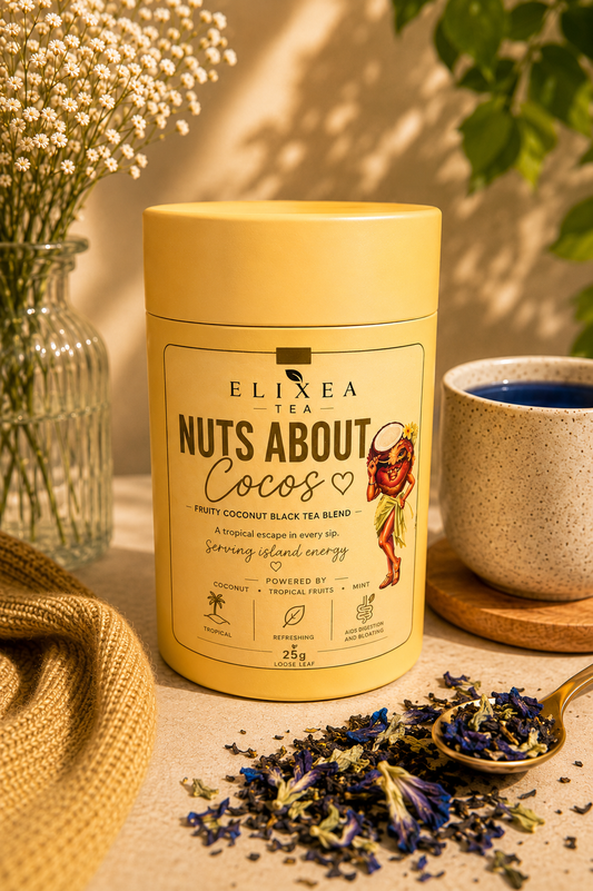 NUTS ABOUT COCOS. Tropical Tea.  Coconut•Lime• Pineapple•Butterfly peaflowers•Black Tea